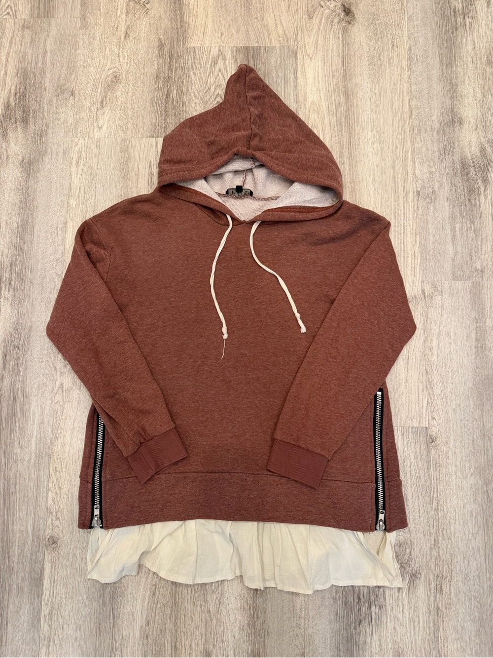 POL Brown Layered Ruffle Hem Side Zip Hoodie Size Small